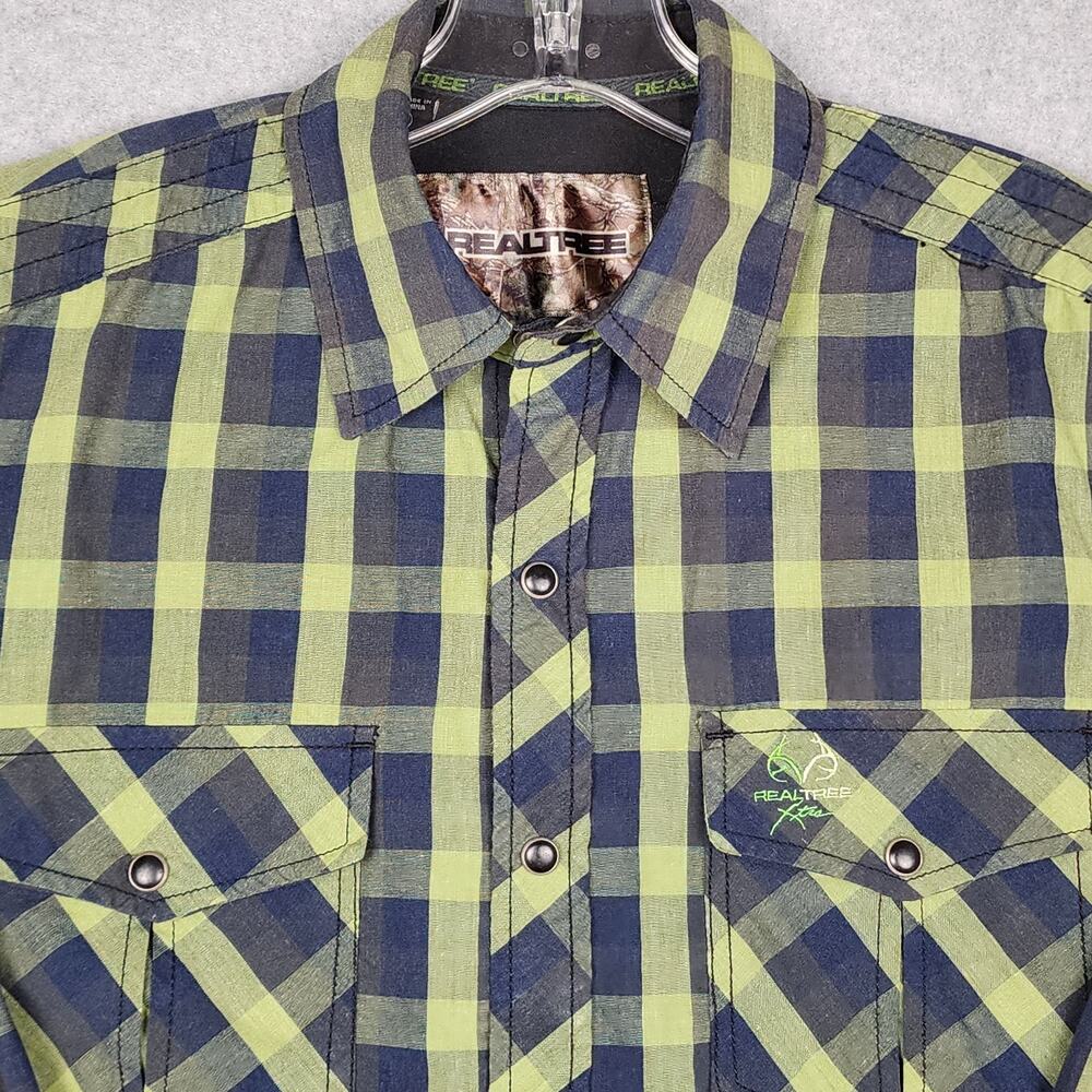Realtree Men's Long Sleeve Shirt Snap Up Blue Green Plaid Small Hunting Outdoors